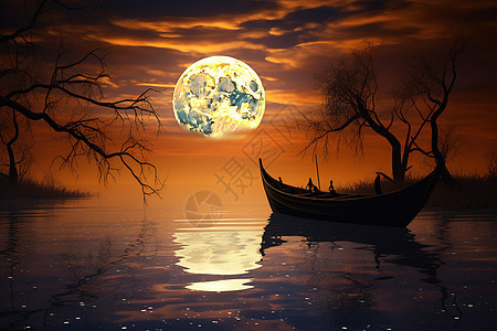 湖上的满月和小船图片