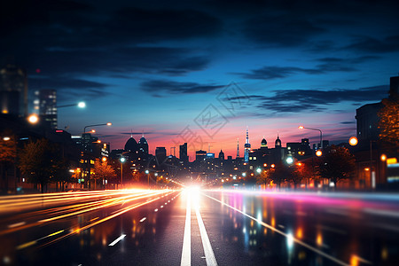 夜幕下繁华的城市道路图片
