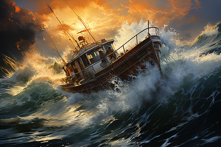 激流汹涌海浪上的轮船插画