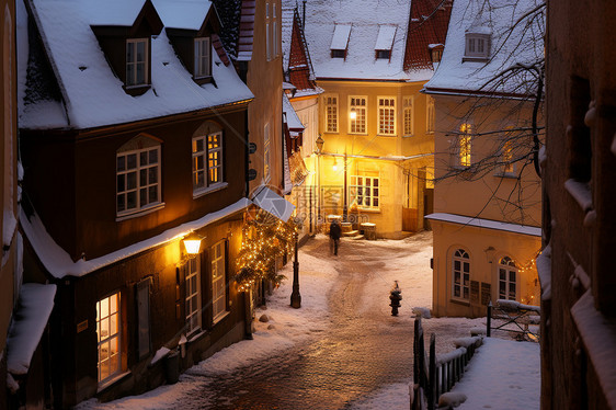 白雪覆盖的城镇街道图片