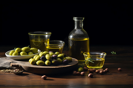 木桌上的橄榄与橄榄油图片