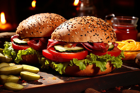 美味诱人的双层芝士汉堡餐图片