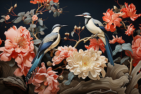 鸟树枝美丽的刺绣艺术插画