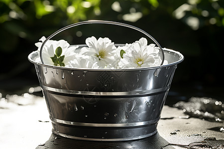铁桶里的白色小花图片
