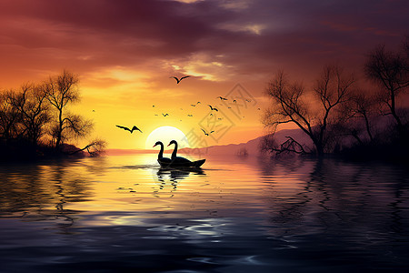 两只天鹅在湖面上游泳图片