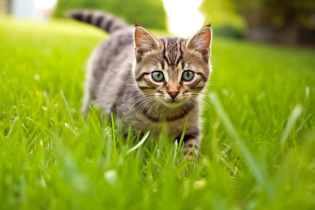 小猫漫步在青草丛中图片