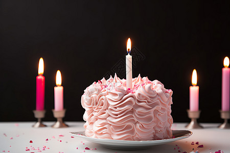 粉色蛋糕上的蜡烛图片