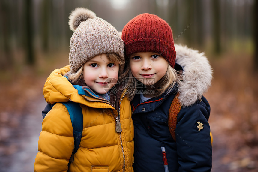 冬季森林中的两个年幼孩童图片