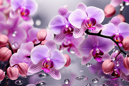 水滴悬挂的紫色兰花束图片