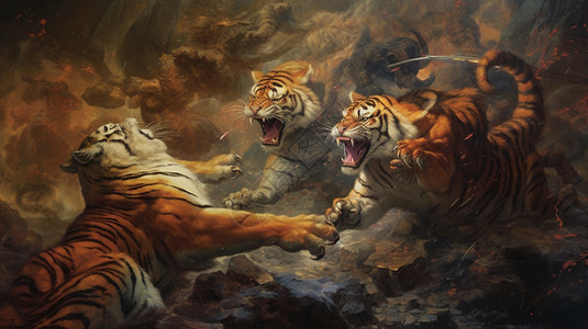 三只老虎打架图片