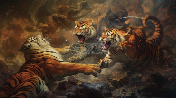 三只老虎打架图片