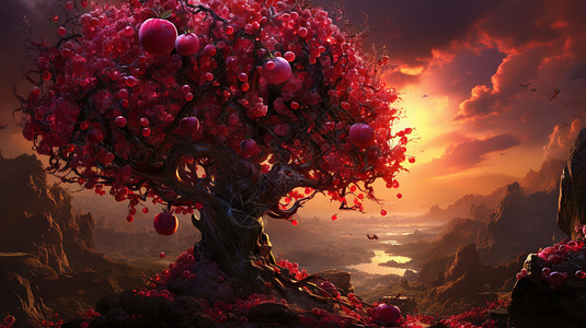 夕阳下的苹果树图片
