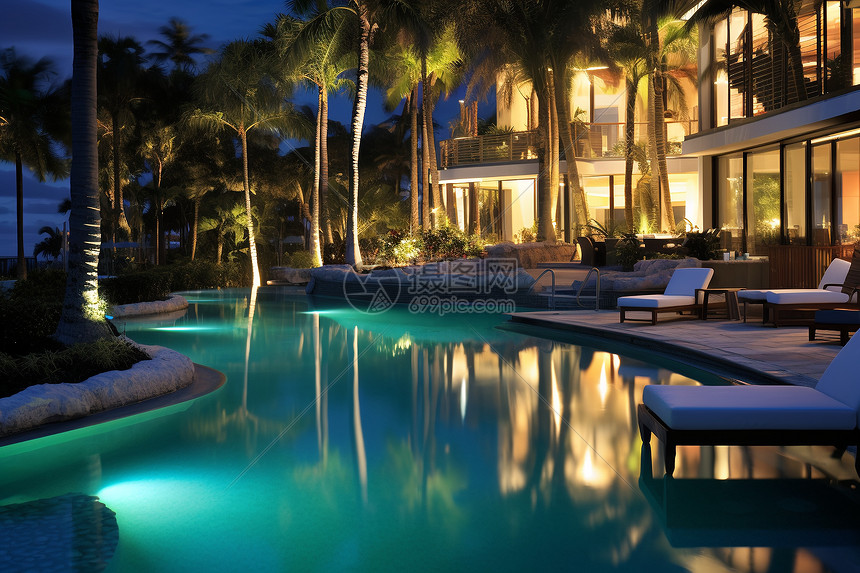 夜晚静谧的别墅泳池图片