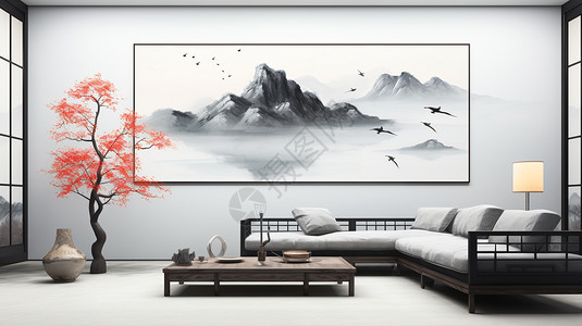 客厅里的大幅山水画背景图片
