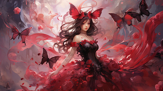穿着红色长裙的蝴蝶精灵图片