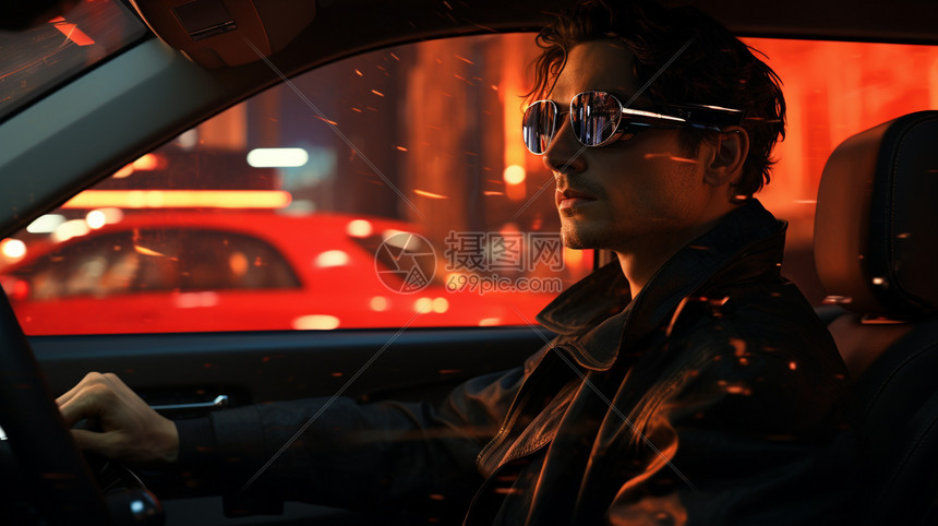 戴墨镜的男人驾驶汽车图片