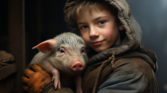 男孩抱着一头小猪图片