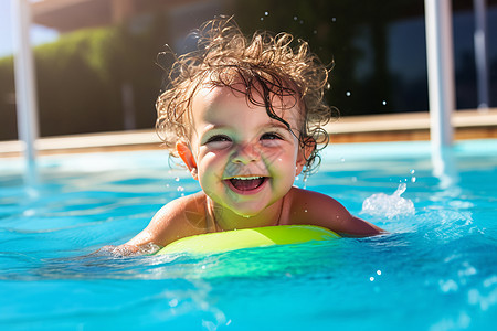 户外泳池中开心的女婴图片