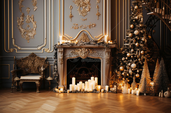 奢华城堡中的圣诞装饰图片