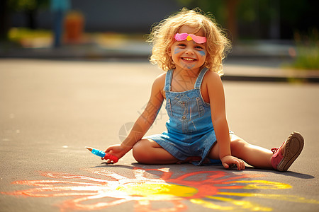 马路上涂鸦的开心小女孩图片
