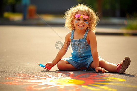 马路上涂鸦的开心小女孩图片