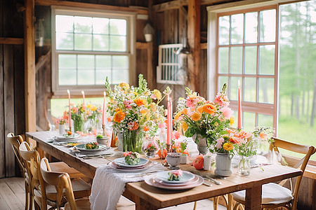 田园风格的鲜花装饰餐桌图片