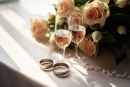 玫瑰花束旁的香槟和戒指图片