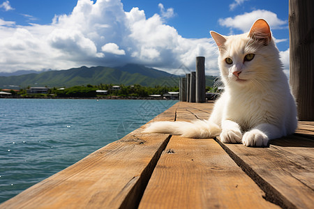 夏季河畔木板上的猫咪图片