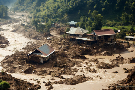 泥石流灾害后毁坏的村庄景观图片