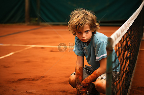 户外网球场上的小男孩图片