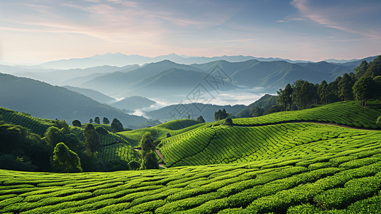 绵延无尽丘陵上的茶园背景