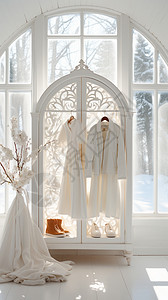 白色木制衣柜里的衣服背景图片