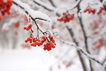 树枝上积雪的浆果背景图片