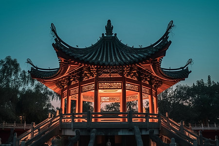 中式公园中的古典亭子图片