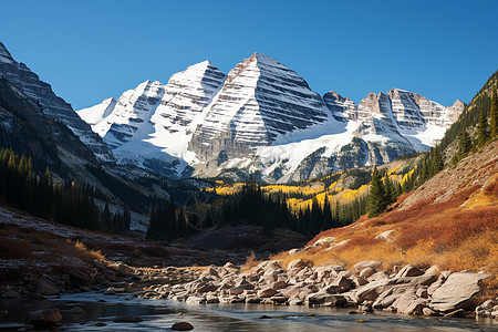 秋季雪山下的溪流景观图片