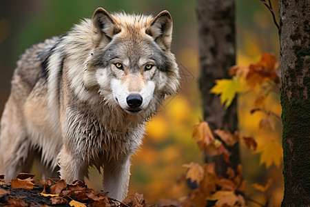 秋季丛林中的野生灰狼图片