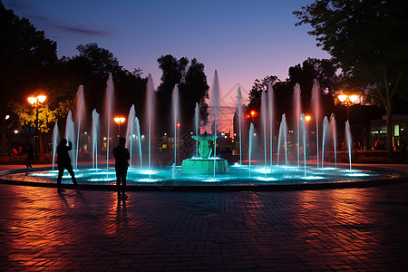 夜晚城市广场中的浪漫喷泉图片