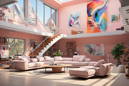 粉红色复式别墅客厅图片
