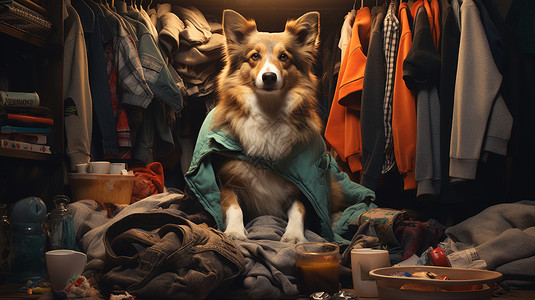 房间里的衣服和宠物狗图片