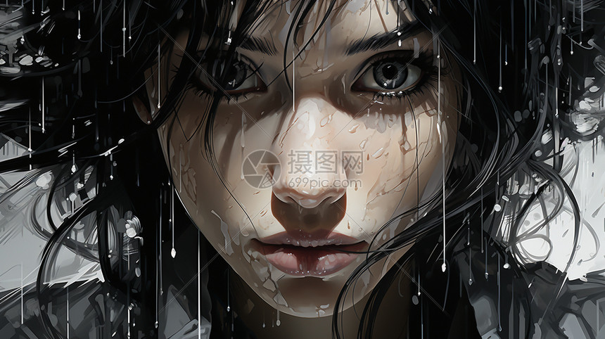 女孩脸上的雨滴图片