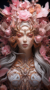 戴着粉红色鲜花头冠的女神背景图片