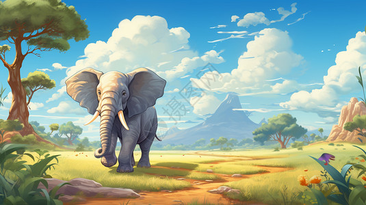 卡通大象行走在草原上图片
