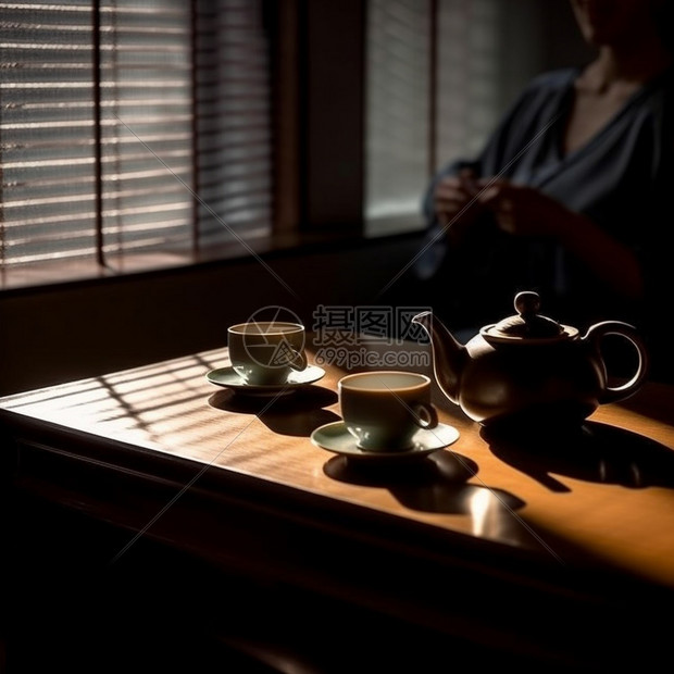 桌子上的茶壶和茶杯图片