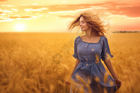 金黄麦浪中的女子图片