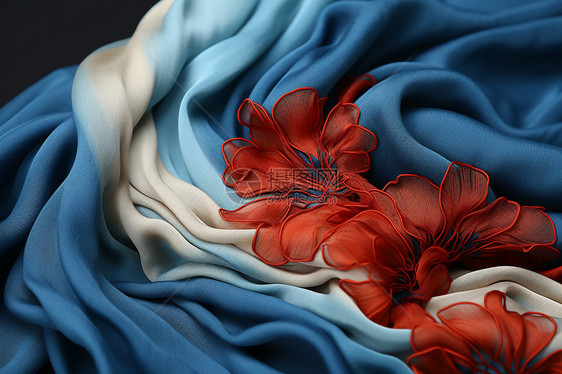 红花在蓝白绸缎上图片