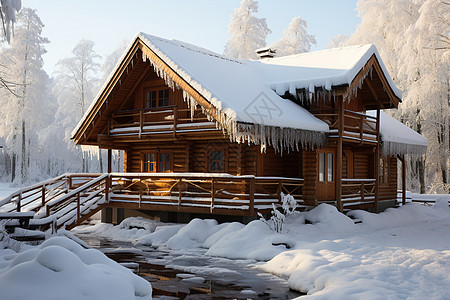 雪覆盖的小木屋图片