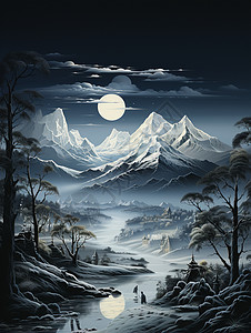 夜晚时的圆月和山脉图片