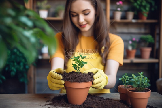 女孩和盆栽图片