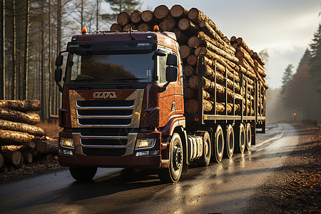 乡村林道上载满木材的卡车图片