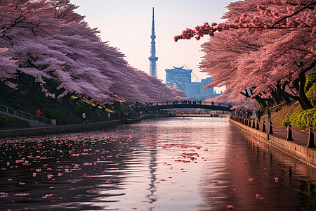 河畔樱花樱花盛开的河畔背景